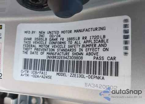 2004 Toyota Corolla Le from USA, damaged, VIN 1NXBR32E94Z309808